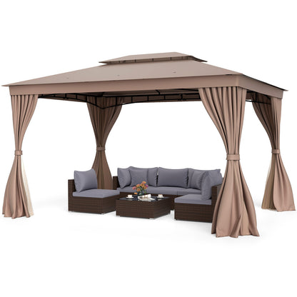 10' x 13' Double-Roof Patio Gazebo with Mesh Netting & Privacy Curtains