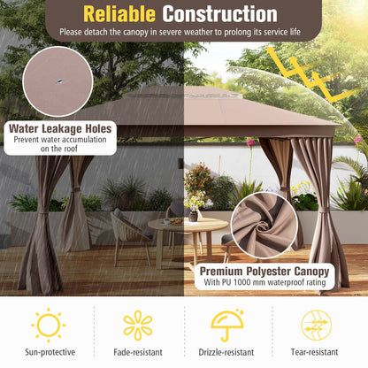 10' x 13' Double-Roof Patio Gazebo with Mesh Netting & Privacy Curtains