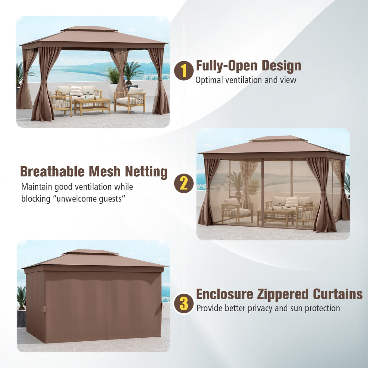 10' x 13' Double-Roof Patio Gazebo with Mesh Netting & Privacy Curtains