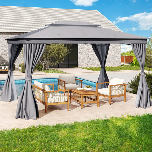 10' x 13' Double-Roof Patio Gazebo with Mesh Netting & Privacy Curtains