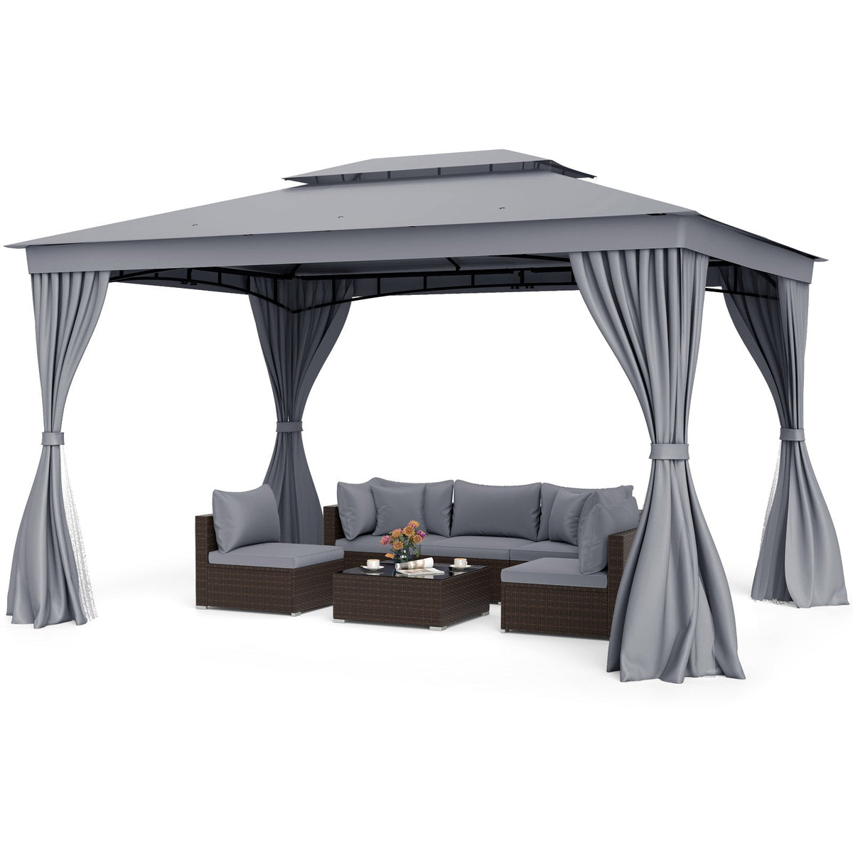10' x 13' Double-Roof Patio Gazebo with Mesh Netting & Privacy Curtains
