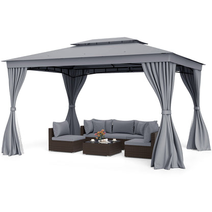10' x 13' Double-Roof Patio Gazebo with Mesh Netting & Privacy Curtains