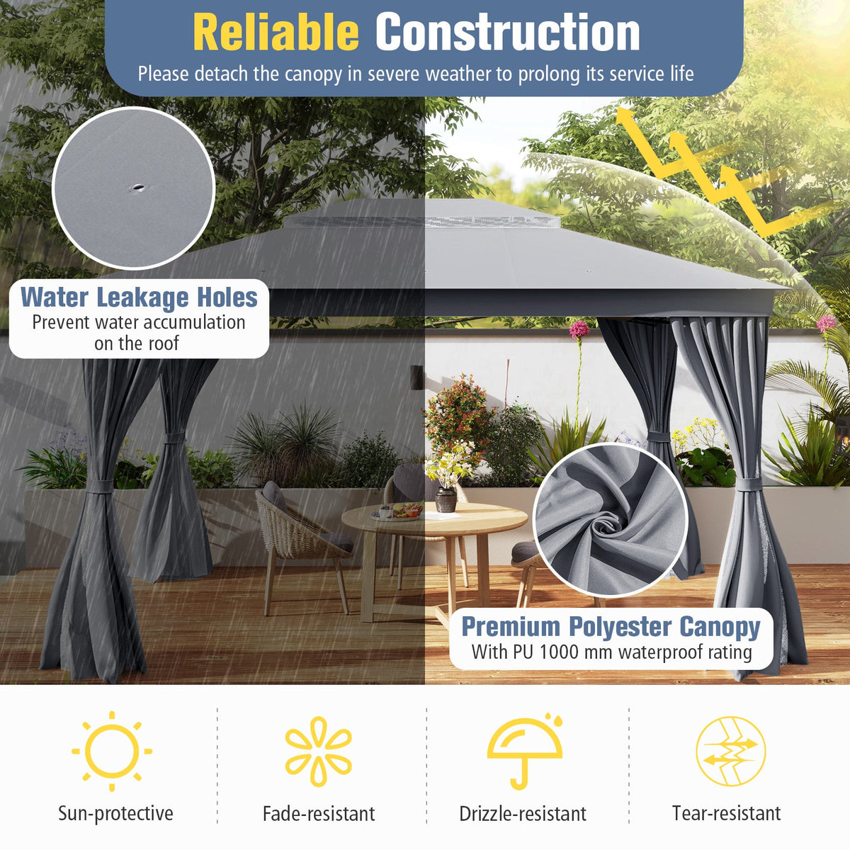 10' x 13' Double-Roof Patio Gazebo with Mesh Netting & Privacy Curtains