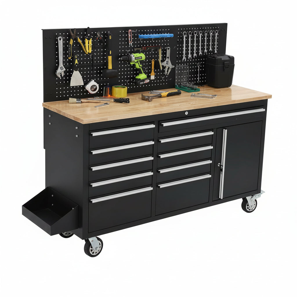 61-Inch Rolling Tool Chest, 10 Drawers Garage Workbench Storage Tool Cabinet with Power Strip, Solid Rubber Wood Top, 1675 LBS Load Mobile Workstation, Heavy Duty Rolling Cabinet