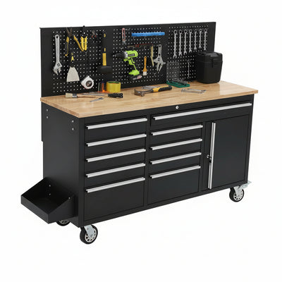 61-Inch Rolling Tool Chest, 10 Drawers Garage Workbench Storage Tool Cabinet with Power Strip, Solid Rubber Wood Top, 1675 LBS Load Mobile Workstation, Heavy Duty Rolling Cabinet