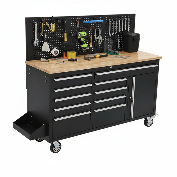 61-Inch Rolling Tool Chest, 10 Drawers Garage Workbench Storage Tool Cabinet with Power Strip, Solid Rubber Wood Top, 1675 LBS Load Mobile Workstation, Heavy Duty Rolling Cabinet