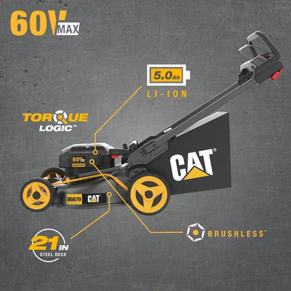 Cat DG670 60V 21" Cordless 3-In-1 Cutting Modes, Brushless Push Lawn Mower with Torqlogic - Battery & Charger Included