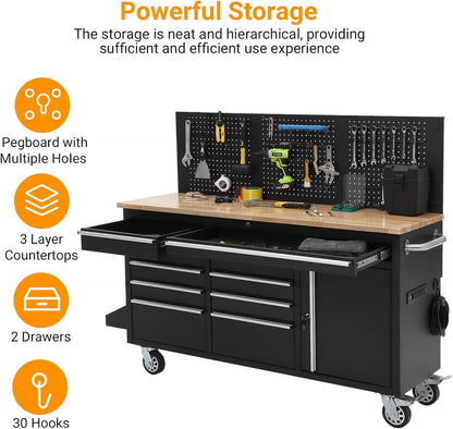 61-Inch Rolling Tool Chest, 10 Drawers Garage Workbench Storage Tool Cabinet with Power Strip, Solid Rubber Wood Top, 1675 LBS Load Mobile Workstation, Heavy Duty Rolling Cabinet