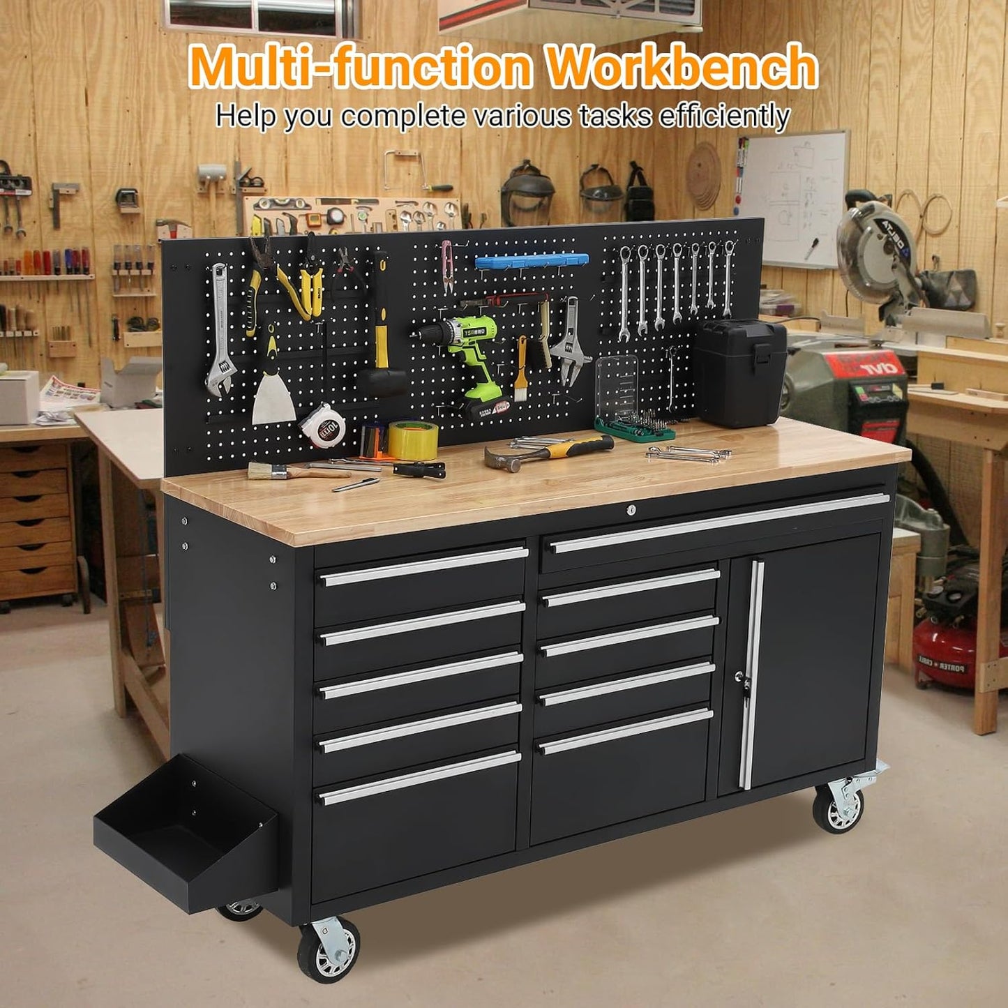 61-Inch Rolling Tool Chest, 10 Drawers Garage Workbench Storage Tool Cabinet with Power Strip, Solid Rubber Wood Top, 1675 LBS Load Mobile Workstation, Heavy Duty Rolling Cabinet