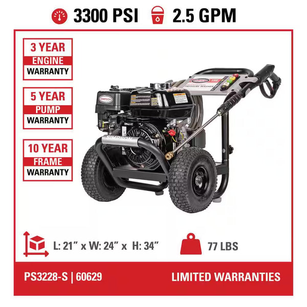 3300 PSI 2.5 GPM Gas Pressure Washer, HONDA GX200 Engine, Reliable Residential Cold Water Power Washer
