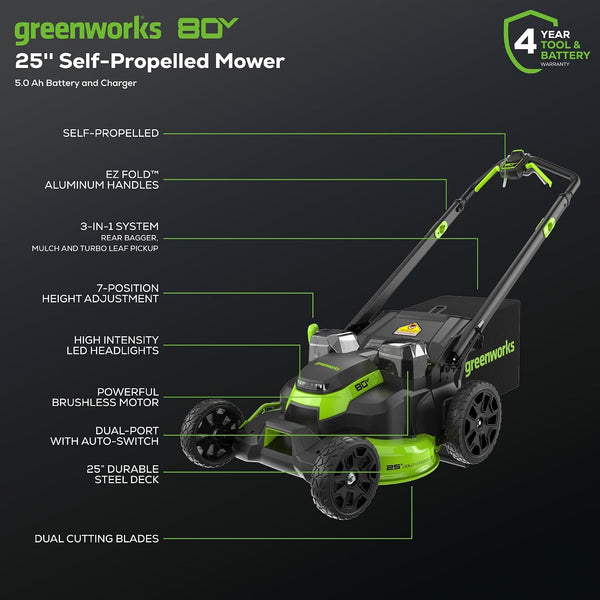 Greenworks 80V 25" Brushless Cordless ( Self-Propelled) Lawn Mower (75+ Compatible Tools), 5.0Ah Battery and Charger Included