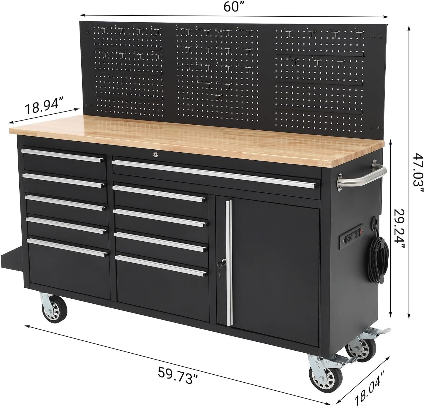 61-Inch Rolling Tool Chest, 10 Drawers Garage Workbench Storage Tool Cabinet with Power Strip, Solid Rubber Wood Top, 1675 LBS Load Mobile Workstation, Heavy Duty Rolling Cabinet