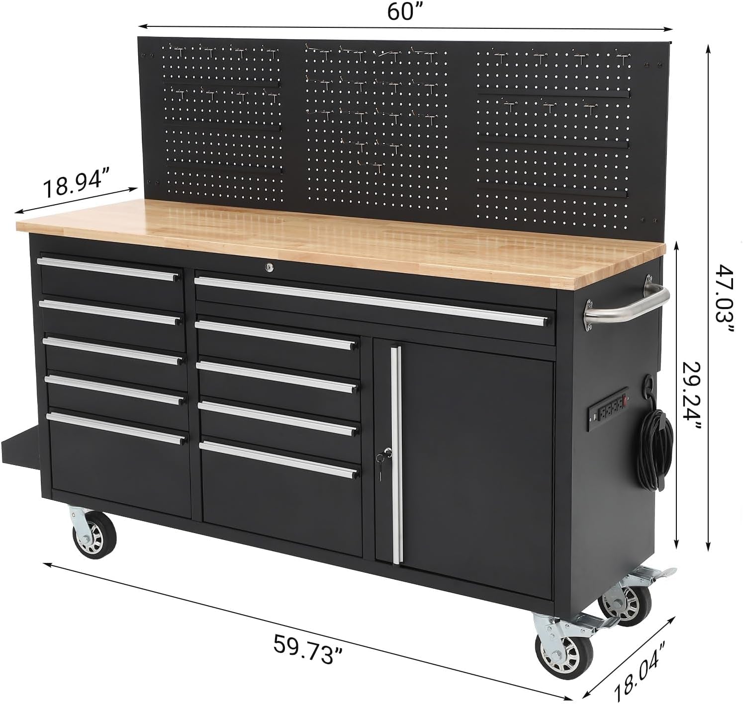 61-Inch Rolling Tool Chest, 10 Drawers Garage Workbench Storage Tool Cabinet with Power Strip, Solid Rubber Wood Top, 1675 LBS Load Mobile Workstation, Heavy Duty Rolling Cabinet