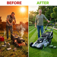EGO POWER+ Cordless Electric Lawn Mower, Self-Propelled, Includes 56V 7.5Ah Battery and Rapid Charger (LM2135SP) plus Extra 5.0Ah Battery (BA2800T) — Before & After
