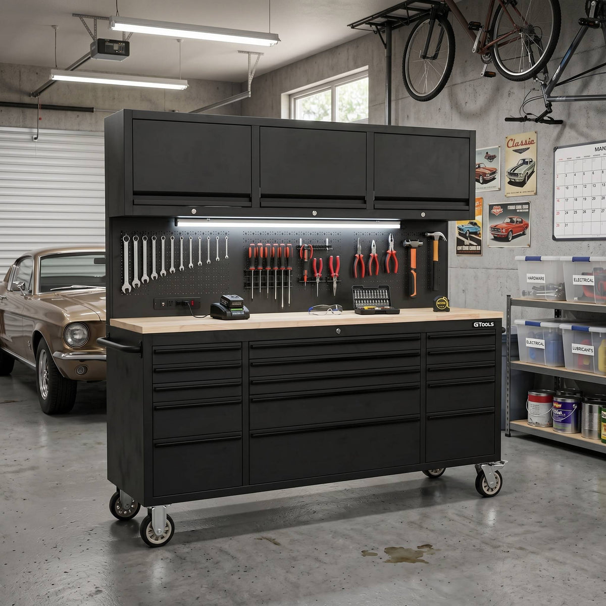 72-Inch Rolling Tool Chest Workstation with LED Lighting, Power Outlets and Overhead Cabinets