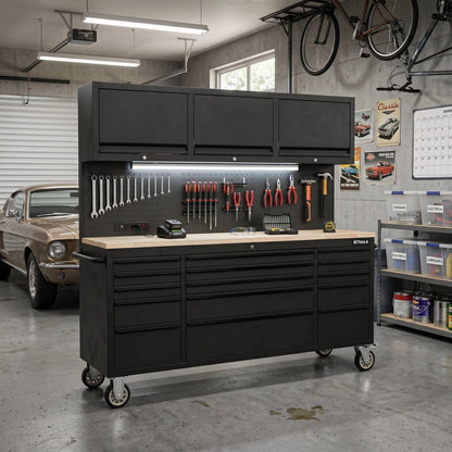 72-Inch Rolling Tool Chest Workstation with LED Lighting, Power Outlets and Overhead Cabinets