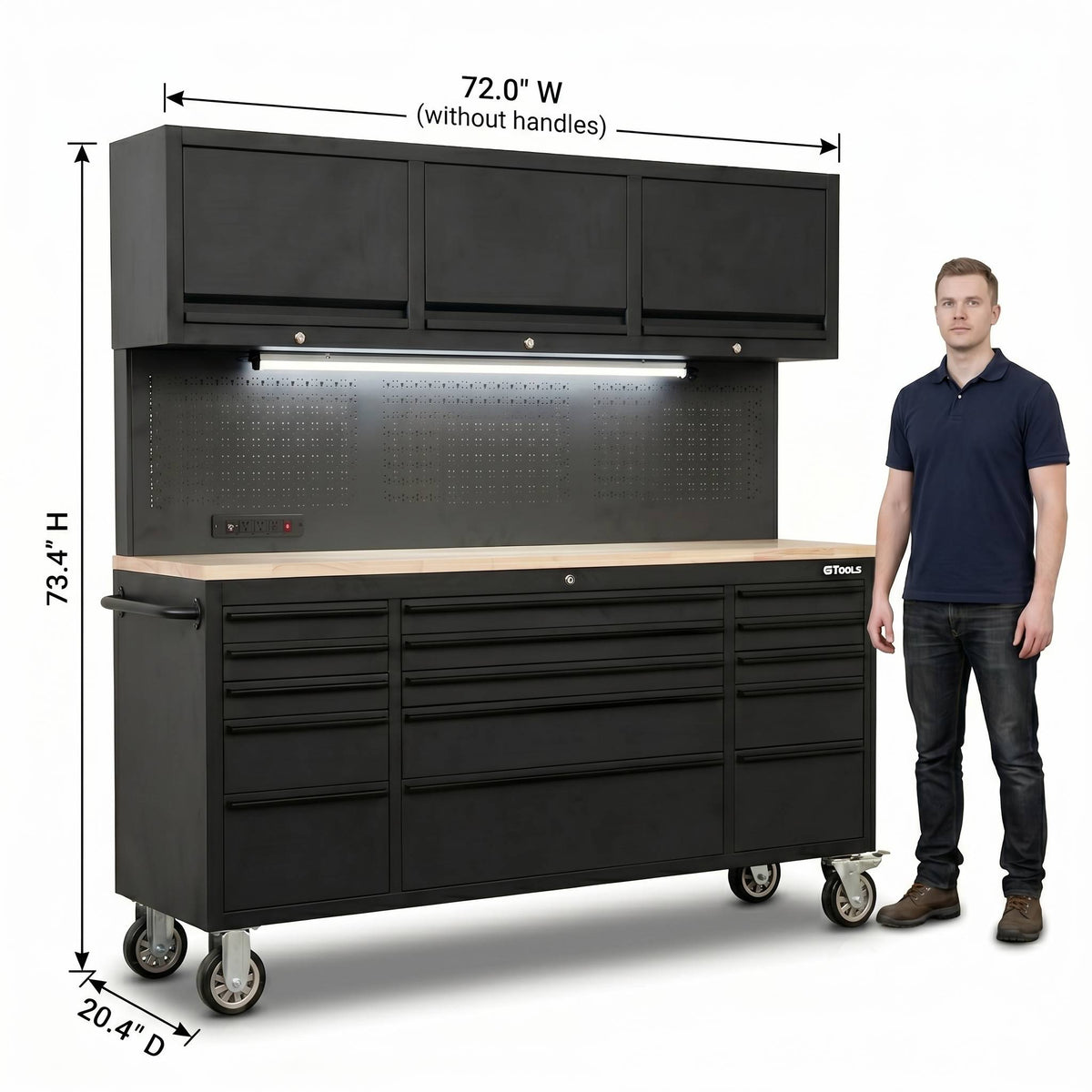 72-Inch Rolling Tool Chest Workstation with LED Lighting, Power Outlets and Overhead Cabinets
