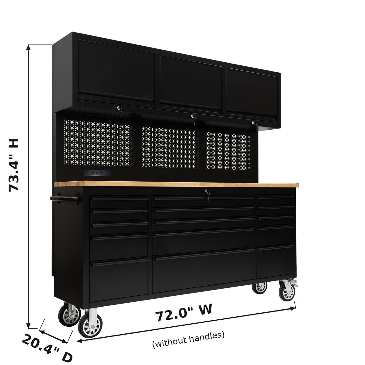 72-Inch Rolling Tool Chest Workstation with LED Lighting, Power Outlets and Overhead Cabinets