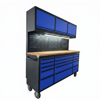 72-Inch Rolling Tool Chest Workstation with LED Lighting, Power Outlets and Overhead Cabinets