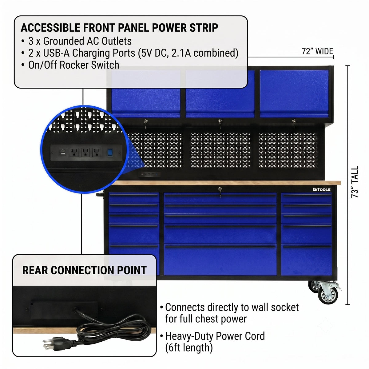 72-Inch Rolling Tool Chest Workstation with LED Lighting, Power Outlets and Overhead Cabinets