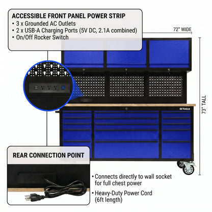72-Inch Rolling Tool Chest Workstation with LED Lighting, Power Outlets and Overhead Cabinets
