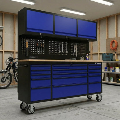72-Inch Rolling Tool Chest Workstation with LED Lighting, Power Outlets and Overhead Cabinets