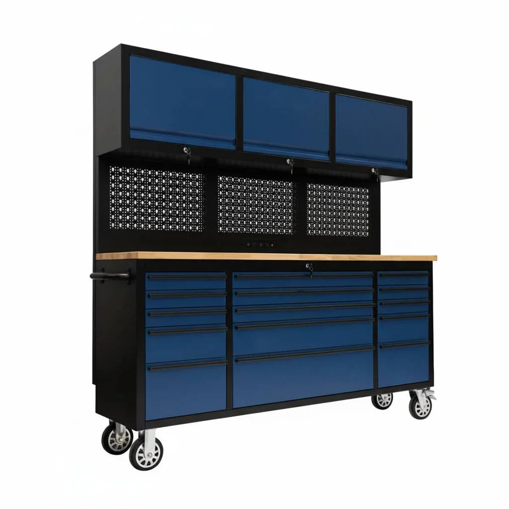 72-Inch Rolling Tool Chest Workstation with LED Lighting, Power Outlets and Overhead Cabinets