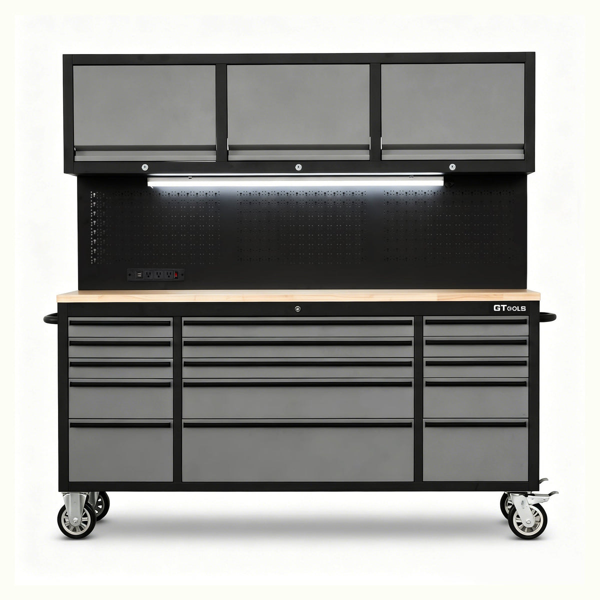 72-Inch Rolling Tool Chest Workstation with LED Lighting, Power Outlets and Overhead Cabinets
