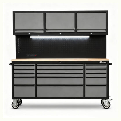 72-Inch Rolling Tool Chest Workstation with LED Lighting, Power Outlets and Overhead Cabinets