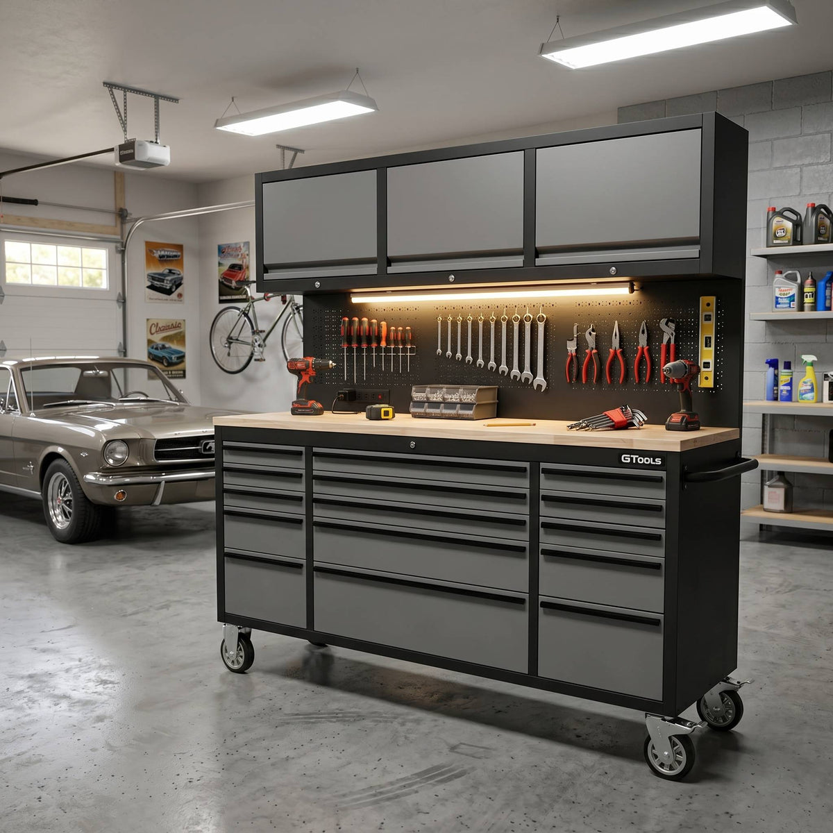 72-Inch Rolling Tool Chest Workstation with LED Lighting, Power Outlets and Overhead Cabinets