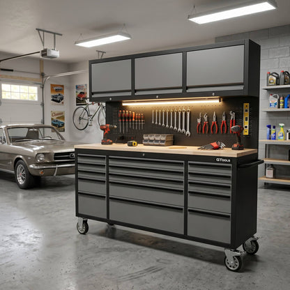 72-Inch Rolling Tool Chest Workstation with LED Lighting, Power Outlets and Overhead Cabinets