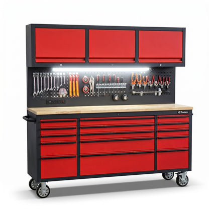 72-Inch Rolling Tool Chest Workstation with LED Lighting, Power Outlets and Overhead Cabinets