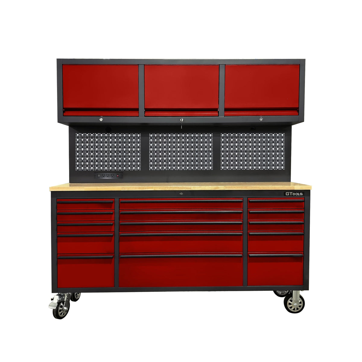 72-Inch Rolling Tool Chest Workstation with LED Lighting, Power Outlets and Overhead Cabinets