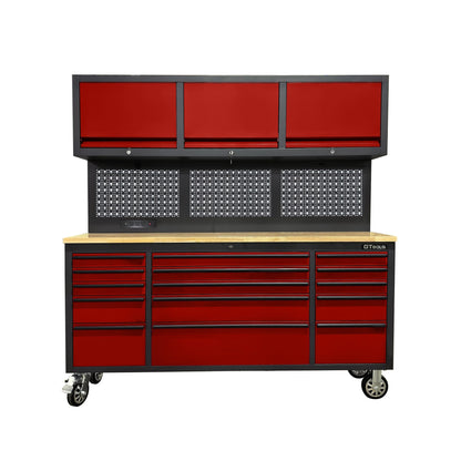 72-Inch Rolling Tool Chest Workstation with LED Lighting, Power Outlets and Overhead Cabinets