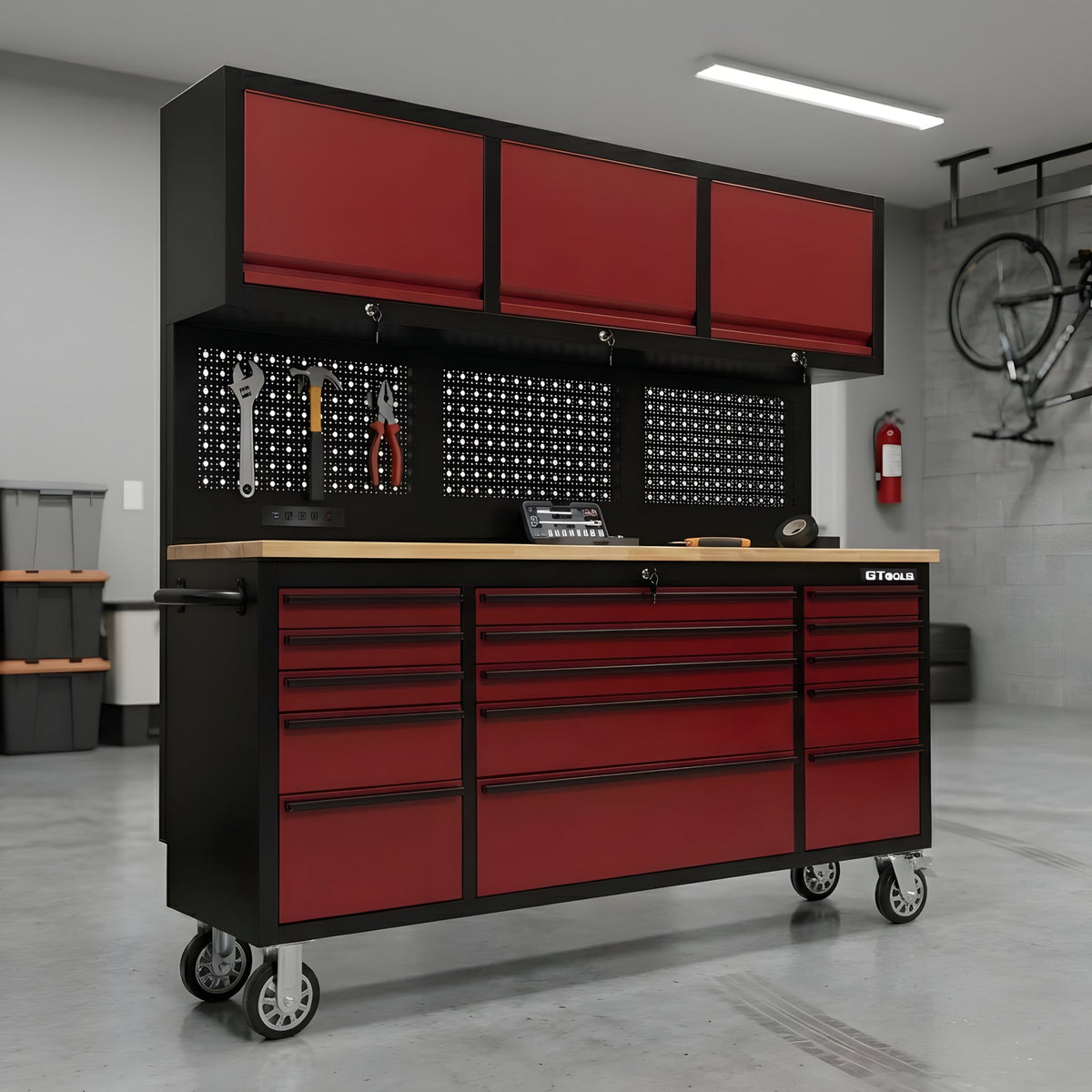 72-Inch Rolling Tool Chest Workstation with LED Lighting, Power Outlets and Overhead Cabinets