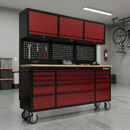 72-Inch Rolling Tool Chest Workstation with LED Lighting, Power Outlets and Overhead Cabinets