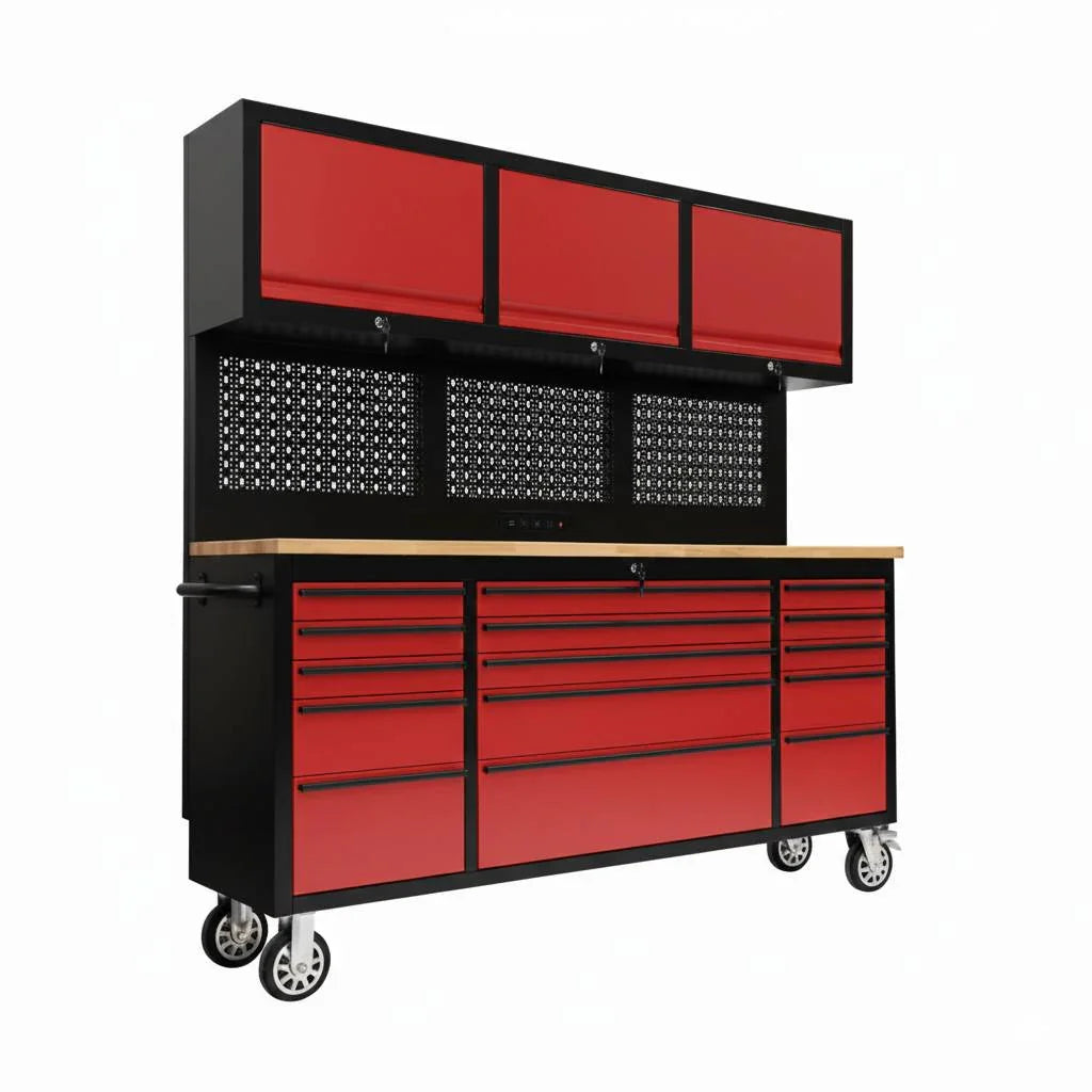 72-Inch Rolling Tool Chest Workstation with LED Lighting, Power Outlets and Overhead Cabinets