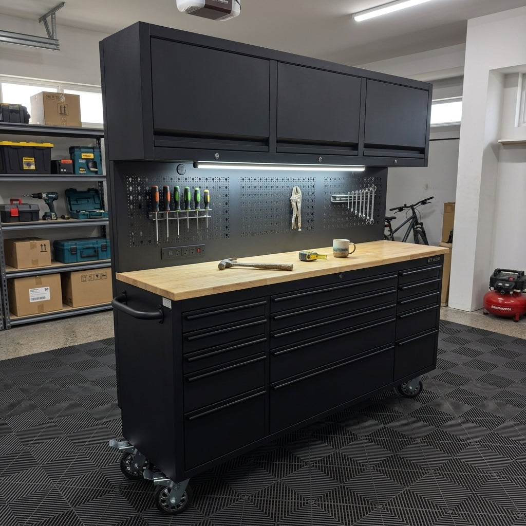 72-Inch Rolling Tool Chest Workstation with LED Lighting, Power Outlets and Overhead Cabinets