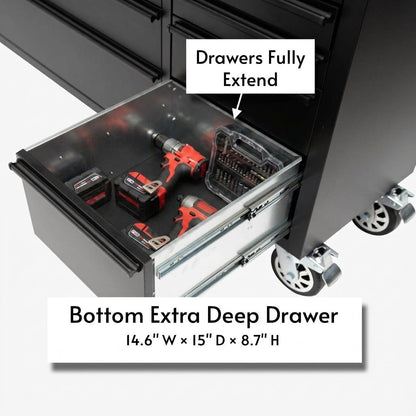 72-Inch Rolling Tool Chest Workstation with LED Lighting, Power Outlets and Overhead Cabinets