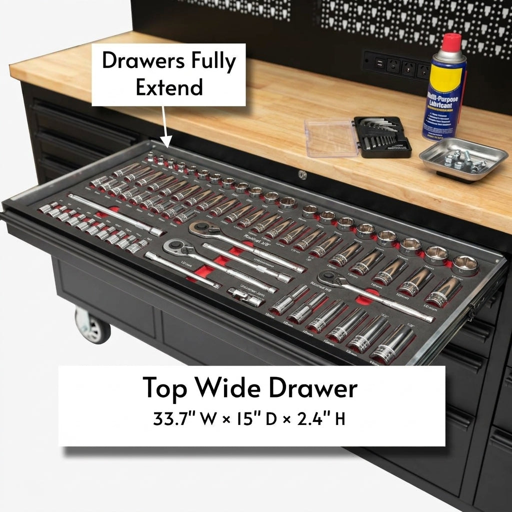 72-Inch Rolling Tool Chest Workstation with LED Lighting, Power Outlets and Overhead Cabinets