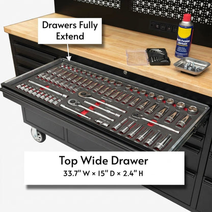72-Inch Rolling Tool Chest Workstation with LED Lighting, Power Outlets and Overhead Cabinets