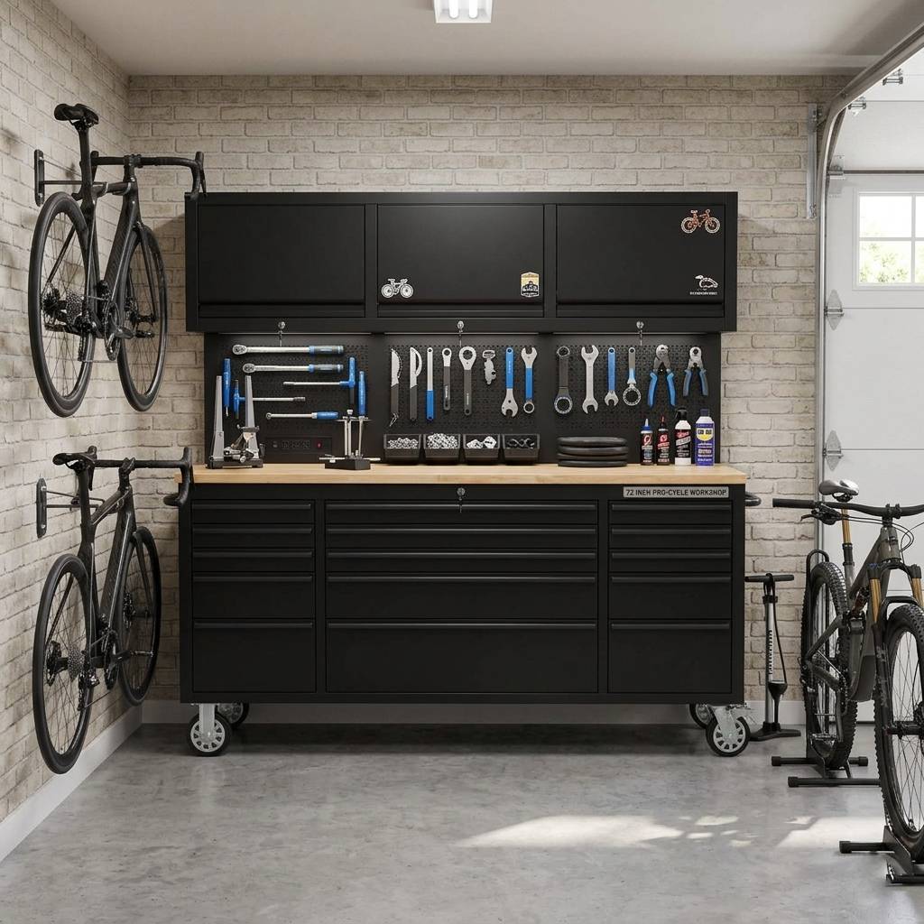 72-Inch Rolling Tool Chest Workstation with LED Lighting, Power Outlets and Overhead Cabinets