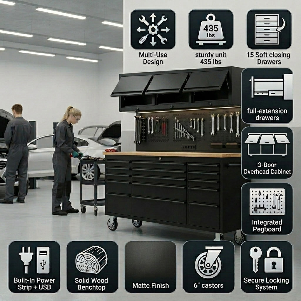 72-Inch Rolling Tool Chest Workstation with LED Lighting, Power Outlets and Overhead Cabinets