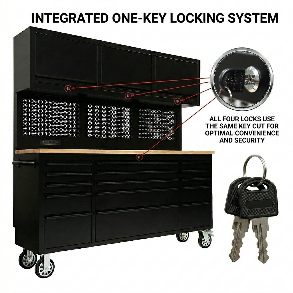 72-Inch Rolling Tool Chest Workstation with LED Lighting, Power Outlets and Overhead Cabinets
