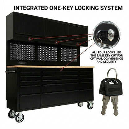 72-Inch Rolling Tool Chest Workstation with LED Lighting, Power Outlets and Overhead Cabinets