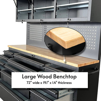 72-Inch Rolling Tool Chest Workstation with LED Lighting, Power Outlets and Overhead Cabinets