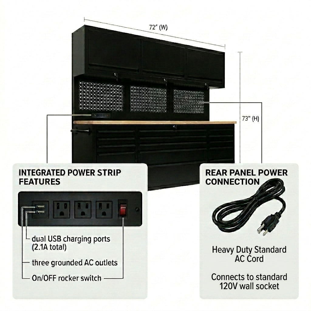 72-Inch Rolling Tool Chest Workstation with LED Lighting, Power Outlets and Overhead Cabinets