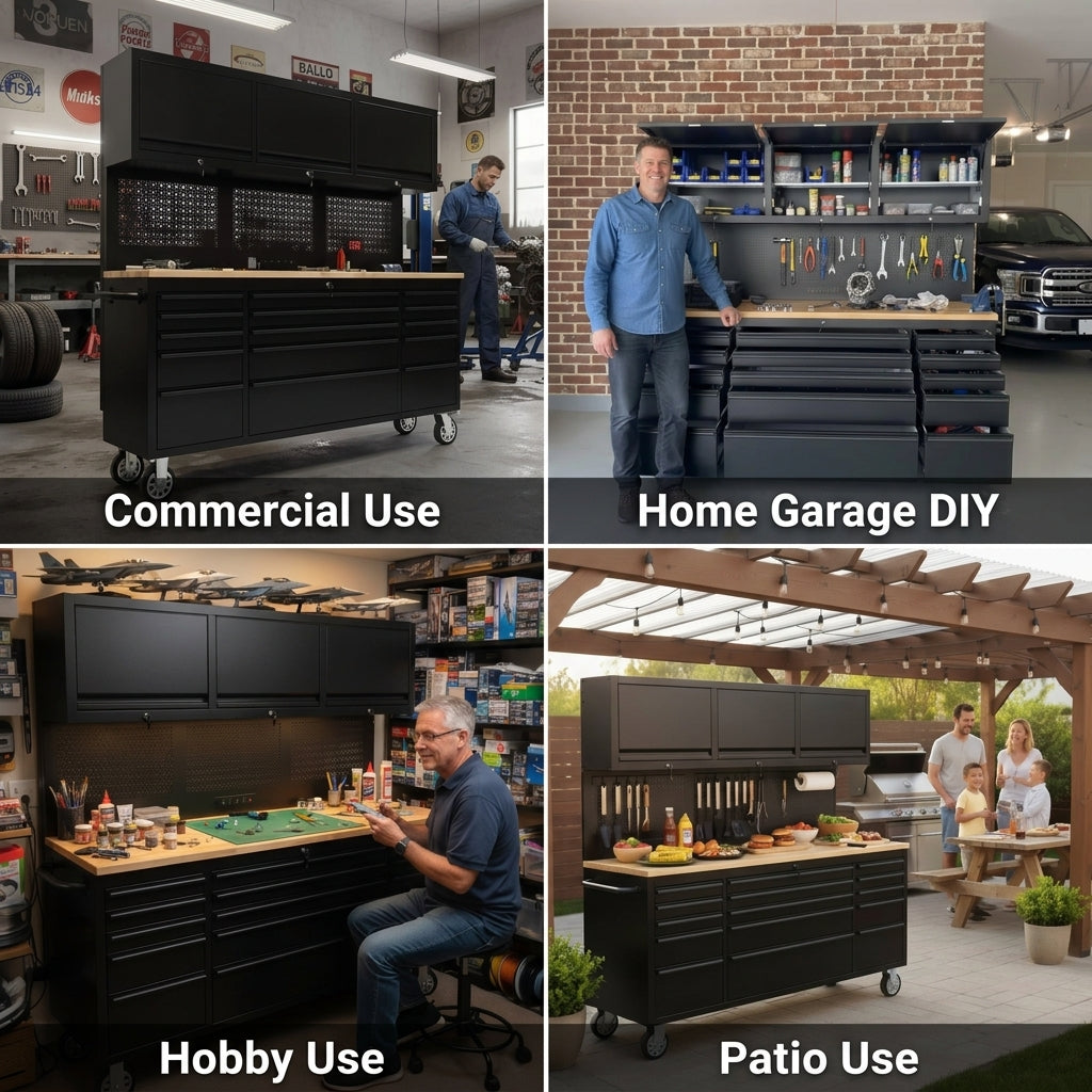 72-Inch Rolling Tool Chest Workstation with LED Lighting, Power Outlets and Overhead Cabinets