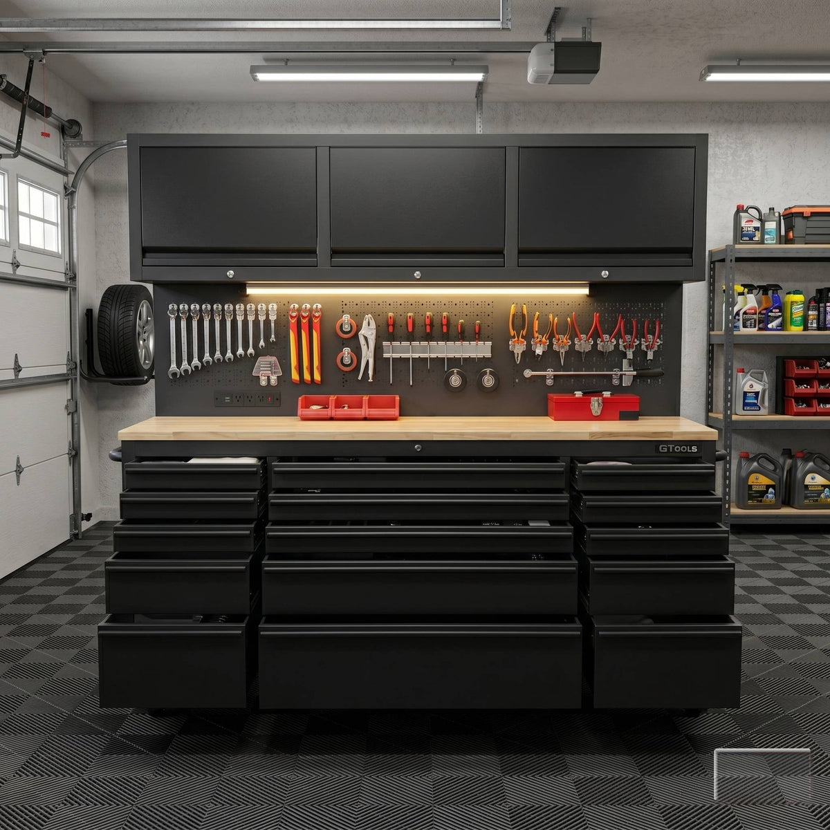 72-Inch Rolling Tool Chest Workstation with LED Lighting, Power Outlets and Overhead Cabinets