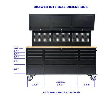 72-Inch Rolling Tool Chest Workstation with LED Lighting, Power Outlets and Overhead Cabinets